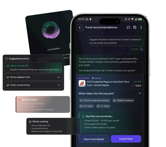 Qonfido app showing personalised fund recommendations and insights