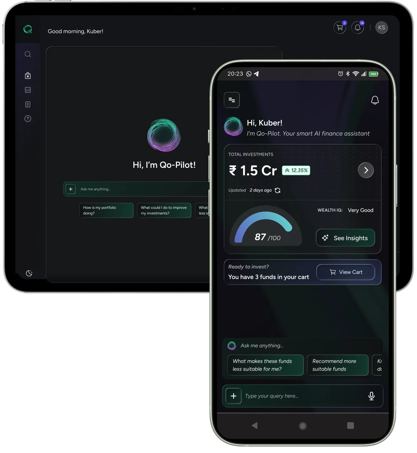 Qonfido on mobile and iPad — portfolio overview and AI insights